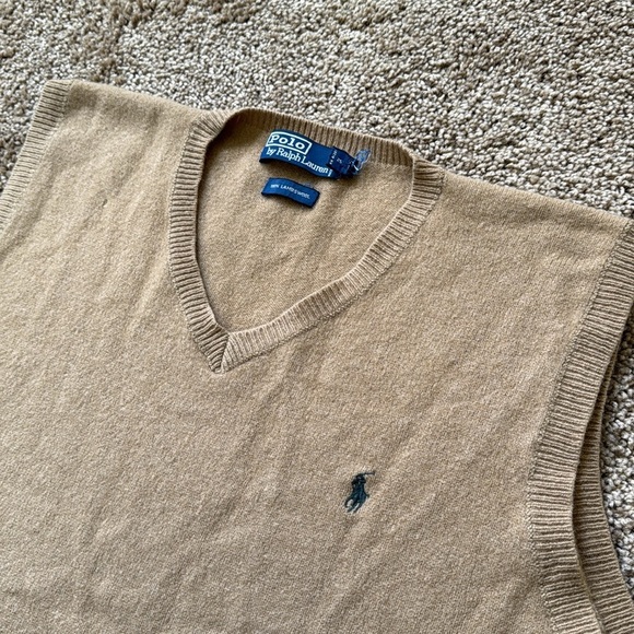 Polo Ralph Lauren Vintage Tan V Neck Green Pony Logo Lambswool Sweater Vest - Picture 4 of 9